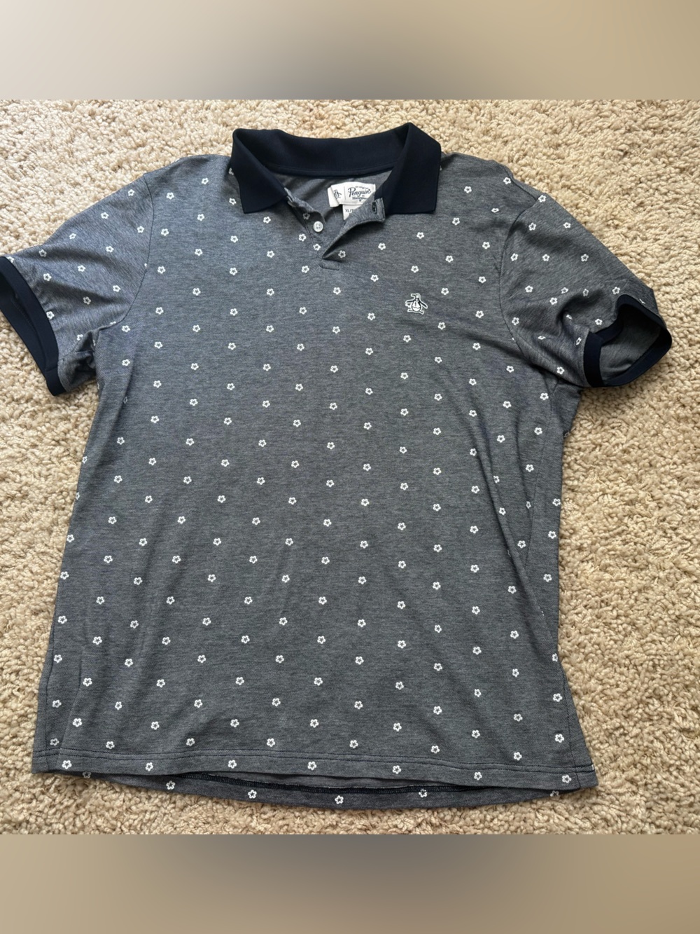 Original Penguin Grey Polo with Navy Trim and White Micro Floral